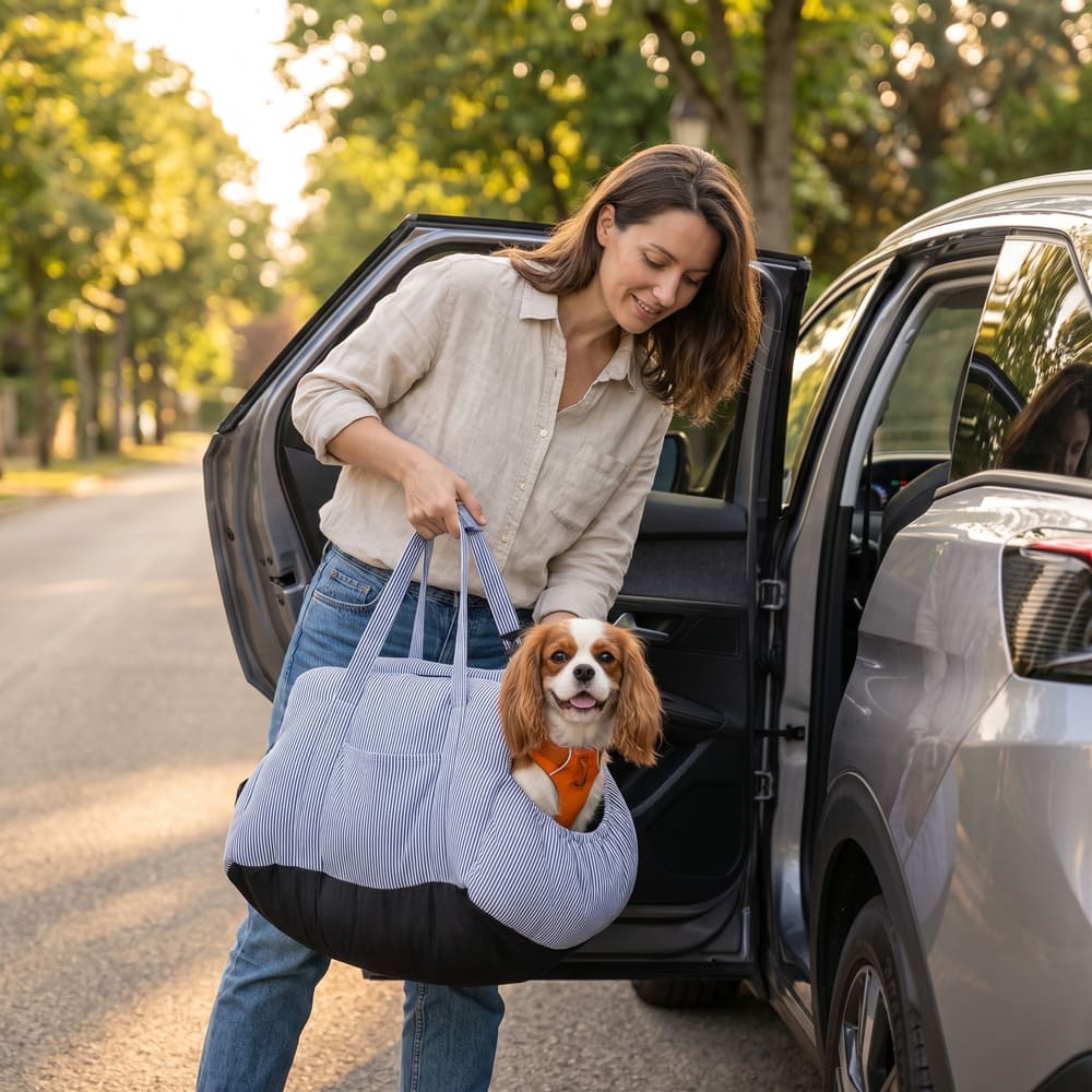 Siège voiture petit chien rayé
